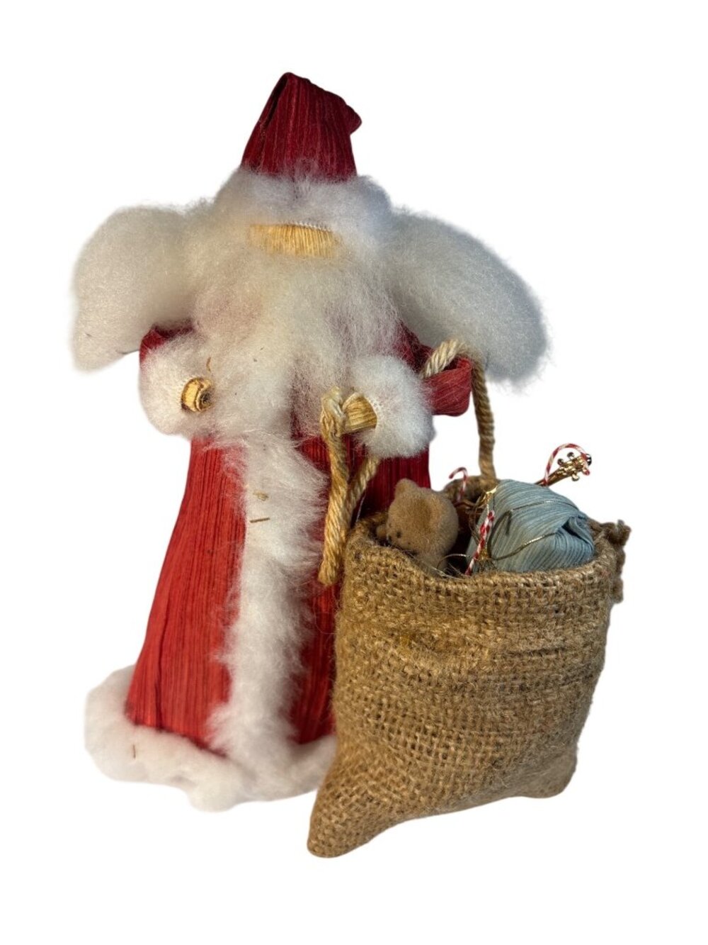 Handcrafted Santa Claus Figurine With Burlap Gift Sack Faceless Decorative 7.5"